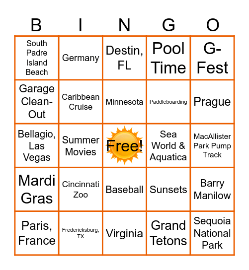 Summer Vacation Bingo Card