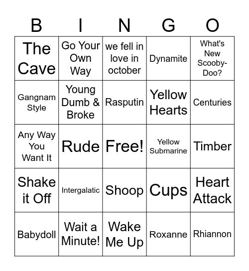 Guess the Song! Bingo Card