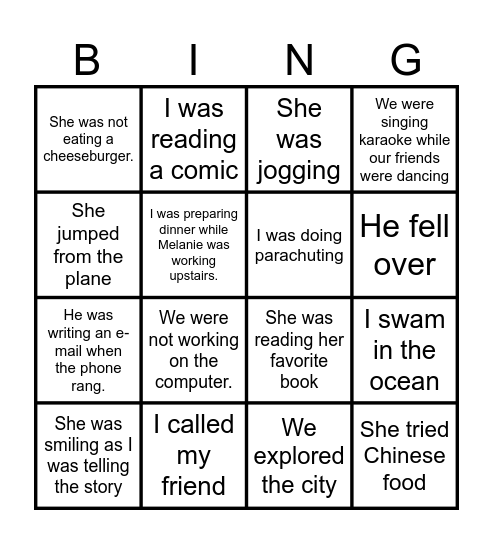 Past progressive Bingo Card