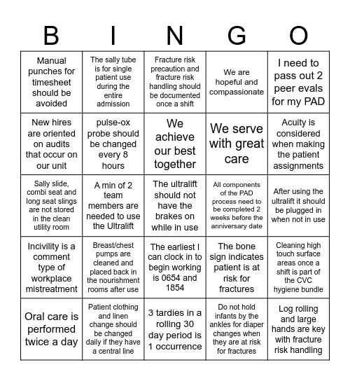 5E Care Partner BINGO Card