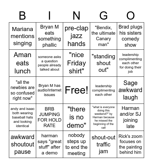 Canary Huddle Bingo Card