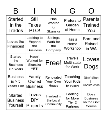 Skanska Diverse Strategic Partners Bingo Card