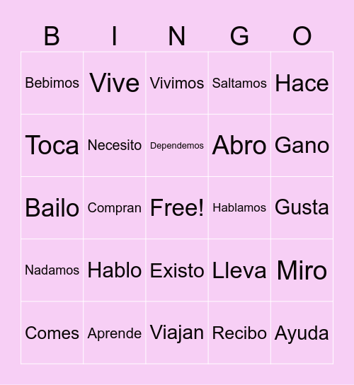 Present Tense Bingo Card