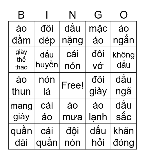 Dấu Thanh và Quần Áo Bingo Card