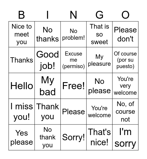 Polite Things To Say Bingo Card