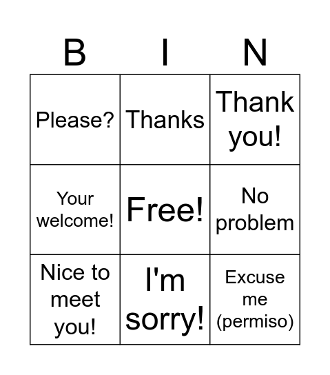 Manners Bingo Card