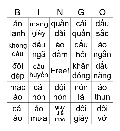 Dấu Thanh và Quần Áo 2 Bingo Card