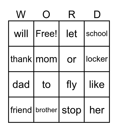 Sight Word Bingo Card
