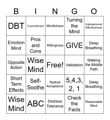 DBT Skills Bingo! Bingo Card