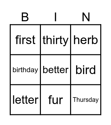 BINGO - ir, er, ur Bingo Card