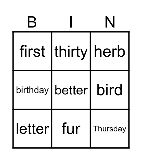 BINGO - ir, er, ur Bingo Card