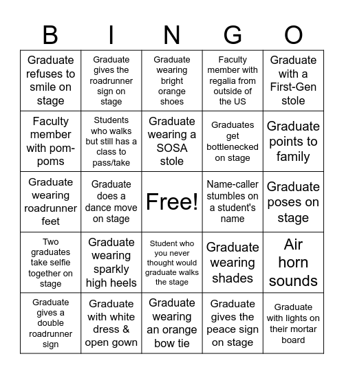 UTSA Commencement Bingo Card