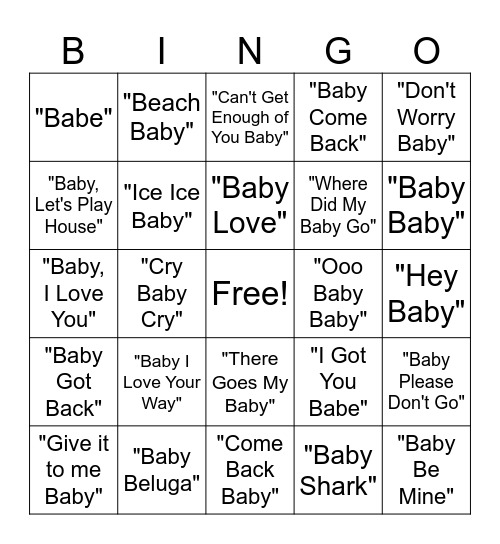 Baby Song Title Bingo Card