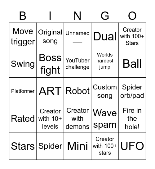 Geometry dash Bingo Card