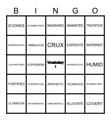 Vocabulary I Bingo Card