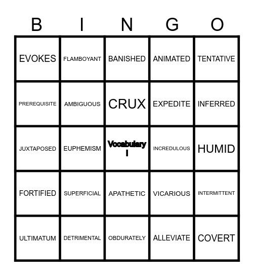 Vocabulary I Bingo Card