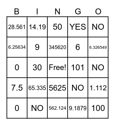 ABSOLUTE VALUE BINGO Card