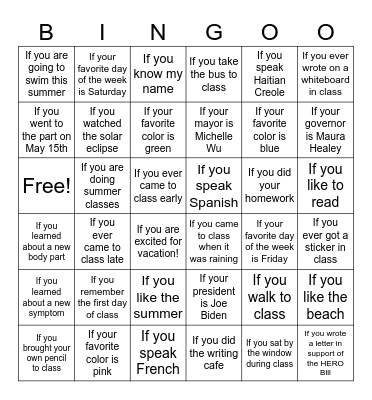 Last Day of Class Bingo! Bingo Card