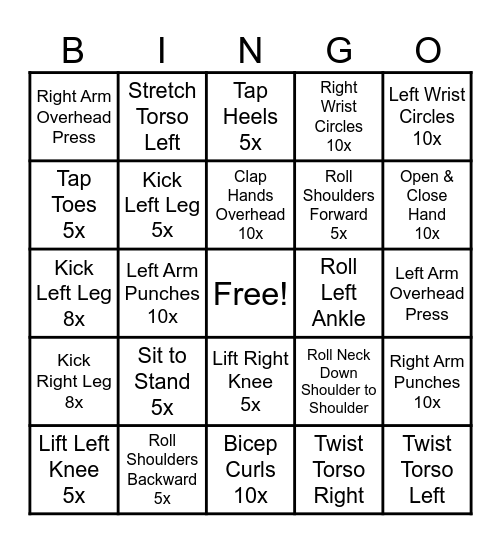 EXERCISE BINGO Card