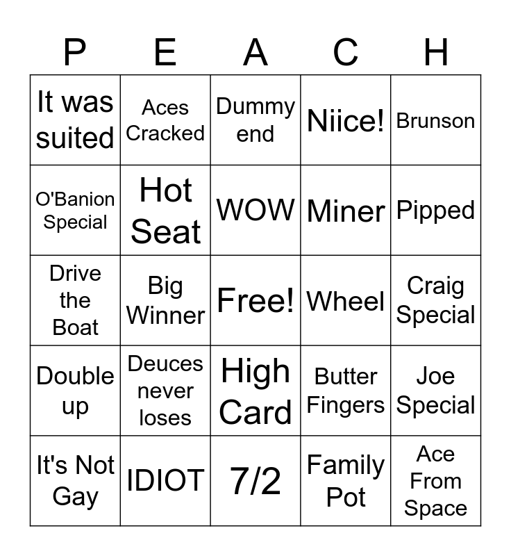 Peachy Poker Degenerates Bingo Card