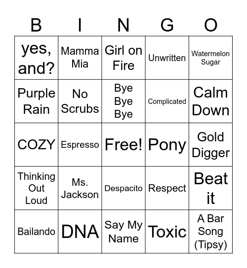 MUSIC BINGO - Song Titles Bingo Card