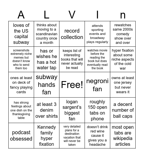 ALVIN BINGO Card