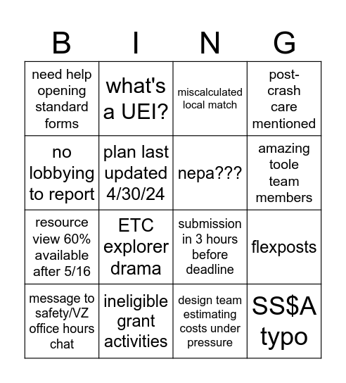 ss4a bingo Card