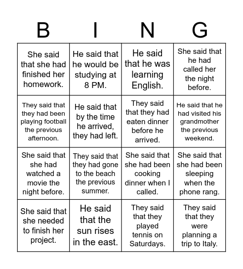 Reported speech Bingo Card