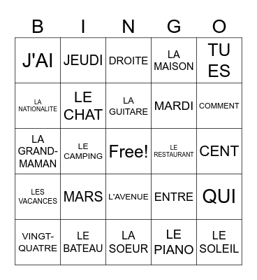 VOCABULAIRE FRANCAIS Bingo Card