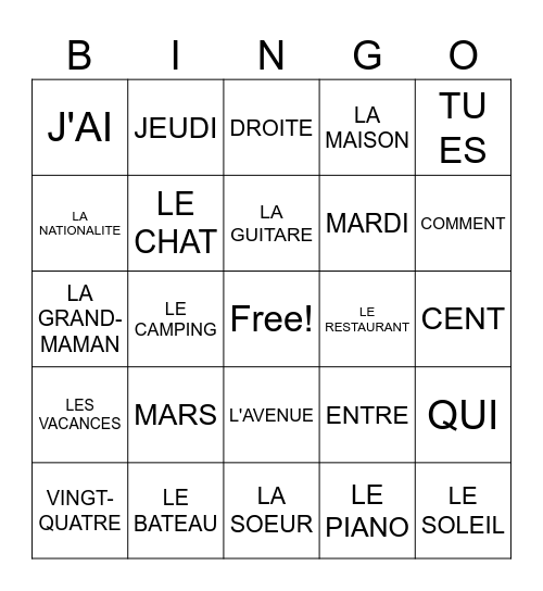 VOCABULAIRE FRANCAIS Bingo Card