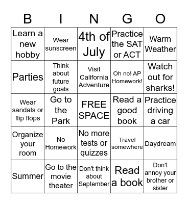 Summer R Bingo Card