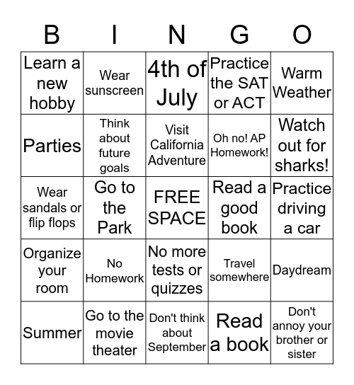 Summer R Bingo Card