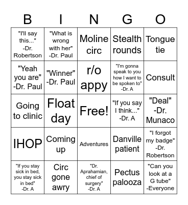 Peds Surgery Bingo Card