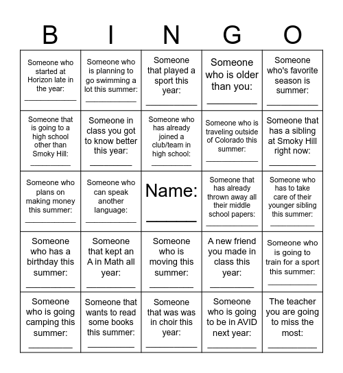 End of the Year BINGO Card