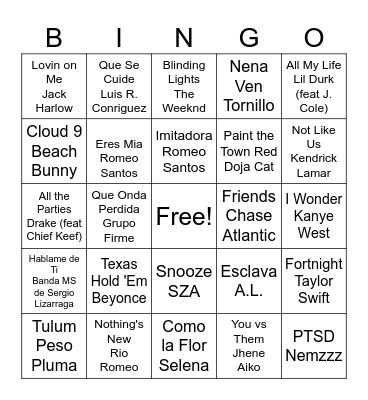 2024 Most Popular Songs Bingo Card