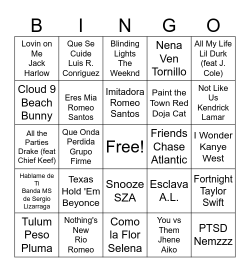 2024 Most Popular Songs Bingo Card