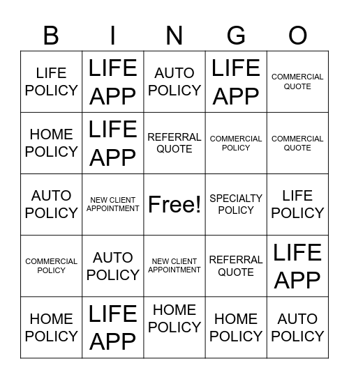 Insurance Bingo Card