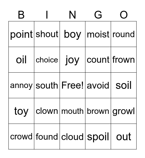 Diphthongs oi/oy and ow/ou Bingo Card