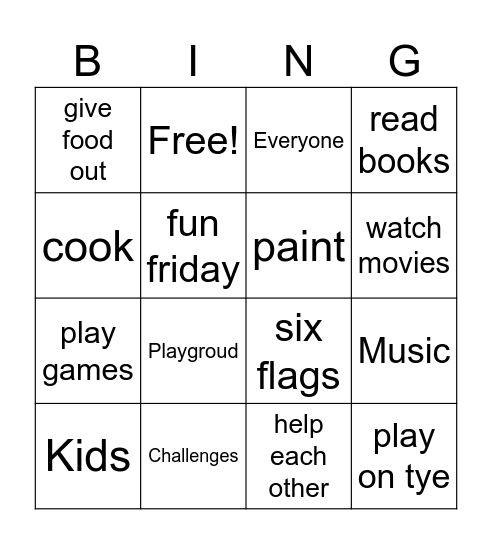 Things we do at the rec Bingo Card