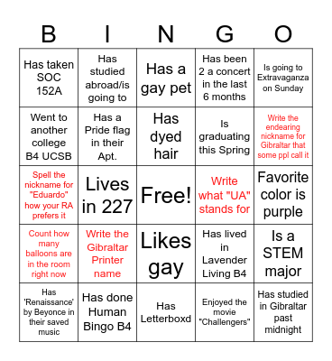 Queer, Gay, Prideful, Lavender Living Human Bingo Card