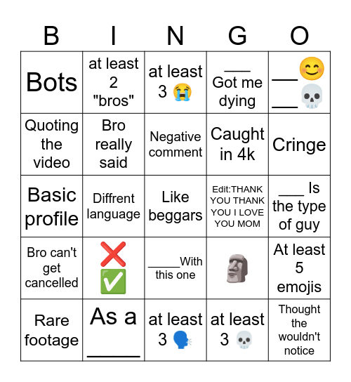 Youtube shorts bingo Card