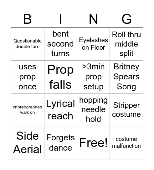 Dance Comp Bingo Card