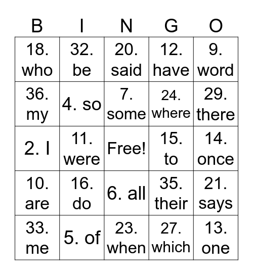 whole words Bingo Card