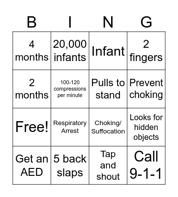 Infant CPR Bingo Card
