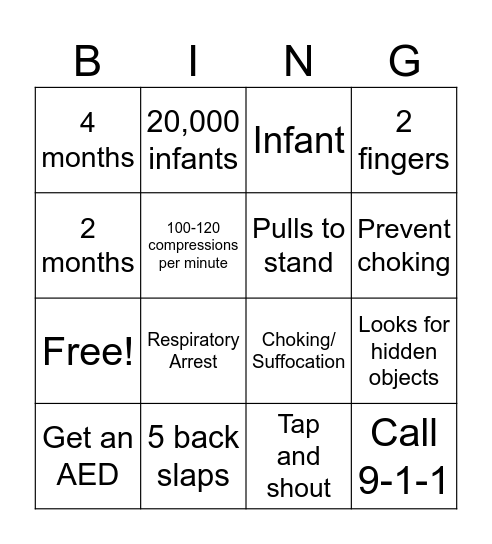 Infant CPR Bingo Card