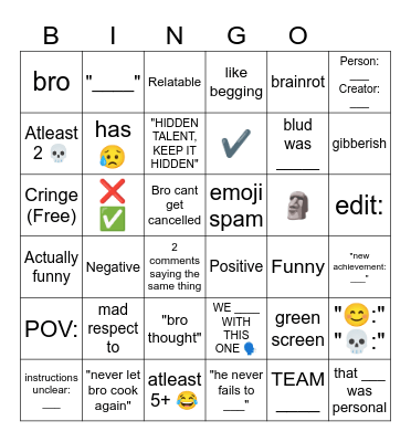 Youtube shorts comment bingo Card