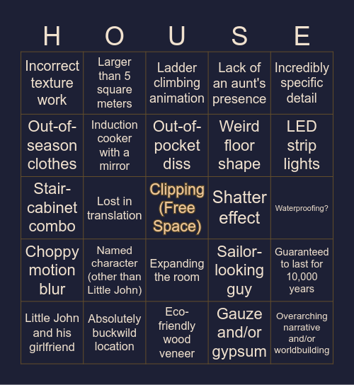 Unhinged House TikTok Bingo Card