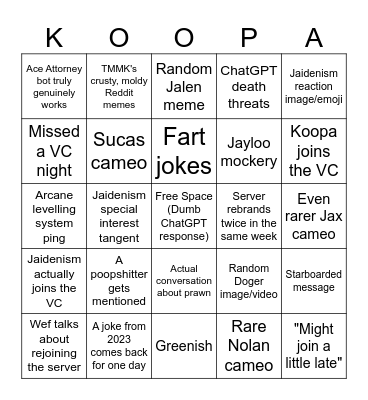 Koopacord Bingo Card