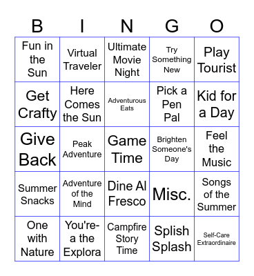 Summer Adventure Challenge Bingo Card