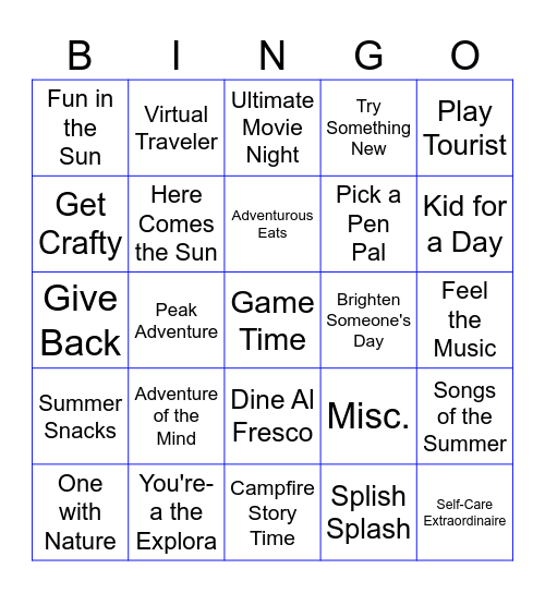 Summer Adventure Challenge Bingo Card